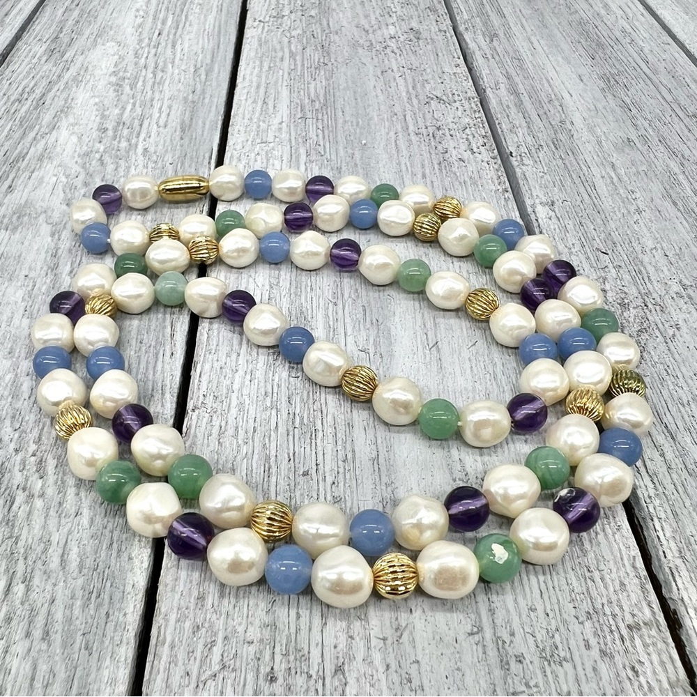 235. Gorgeous Blue Jade and Amethyst Glass Bead and Faux Pearl Necklace.